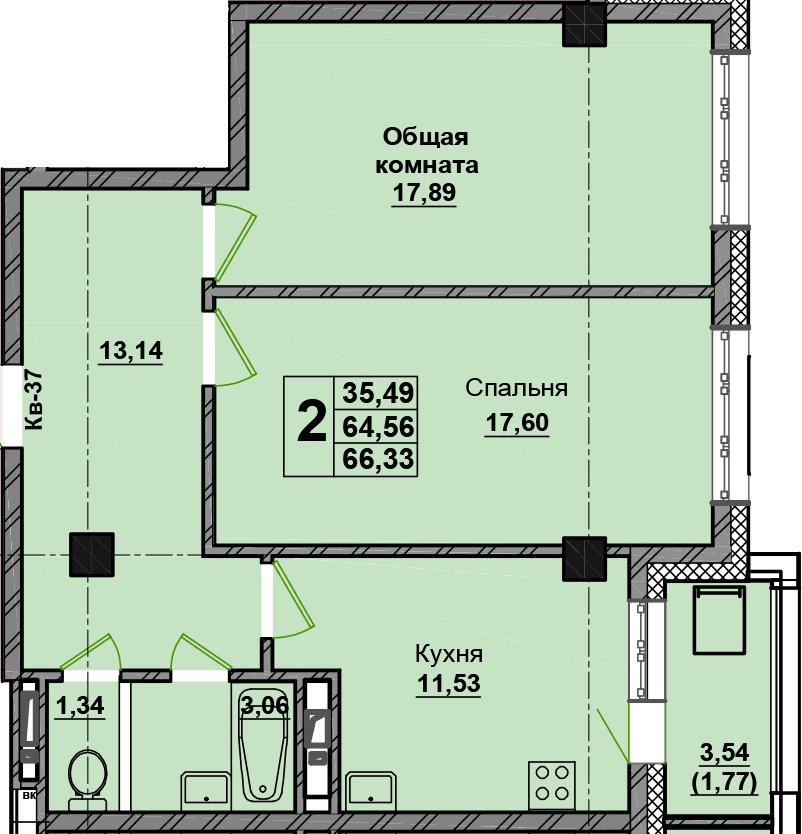 2 комн., 66.3 м²