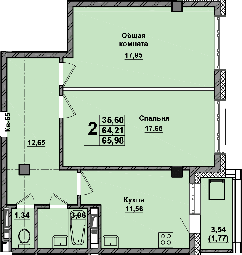2 комн., 66.0 м²