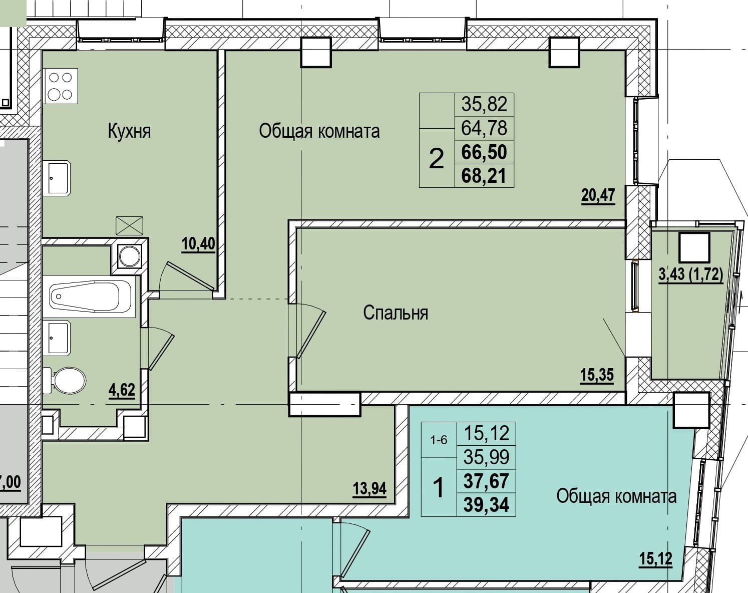 2 комн., 66.5 м²