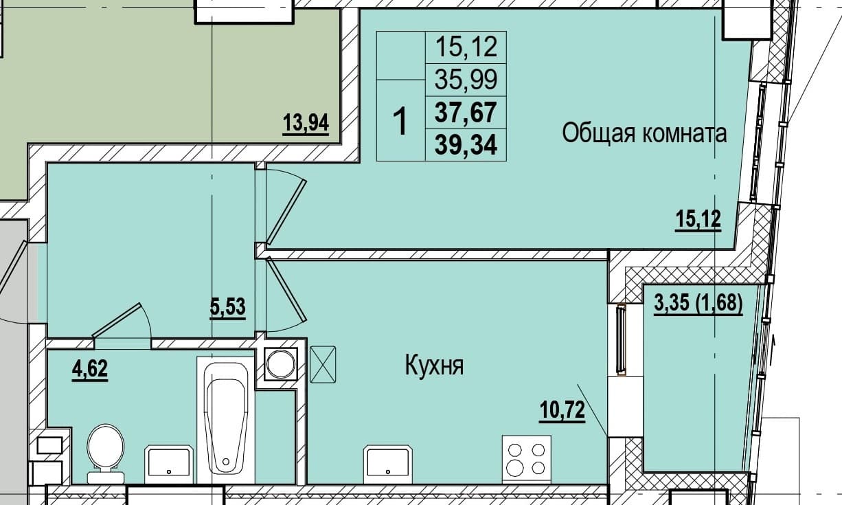 1 комн., 37.7 м²