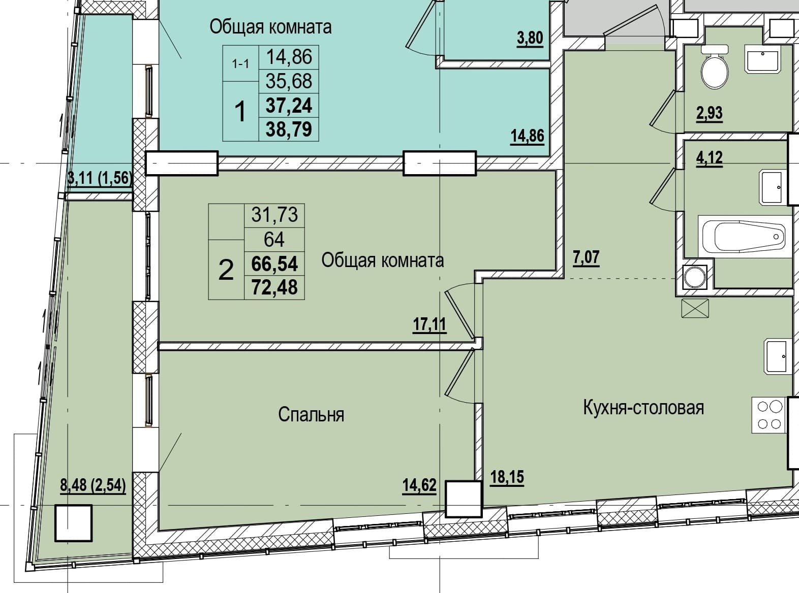 2 комн., 66.5 м²