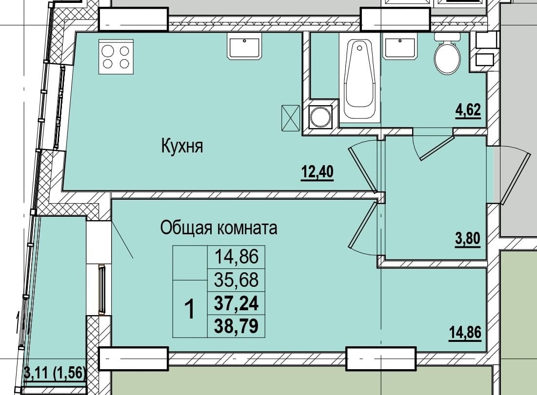 1 комн., 37.2 м²