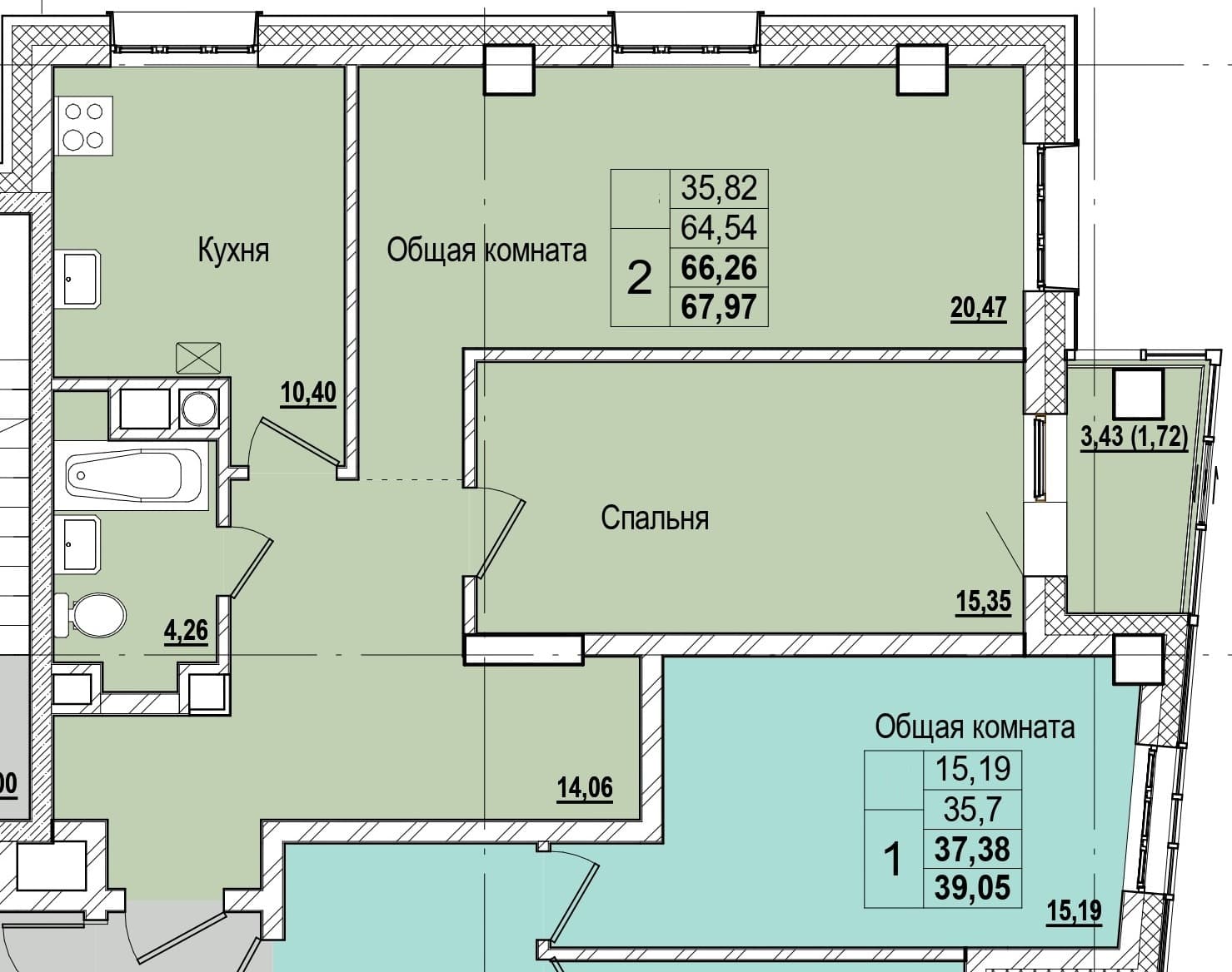 2 комн., 66.3 м²