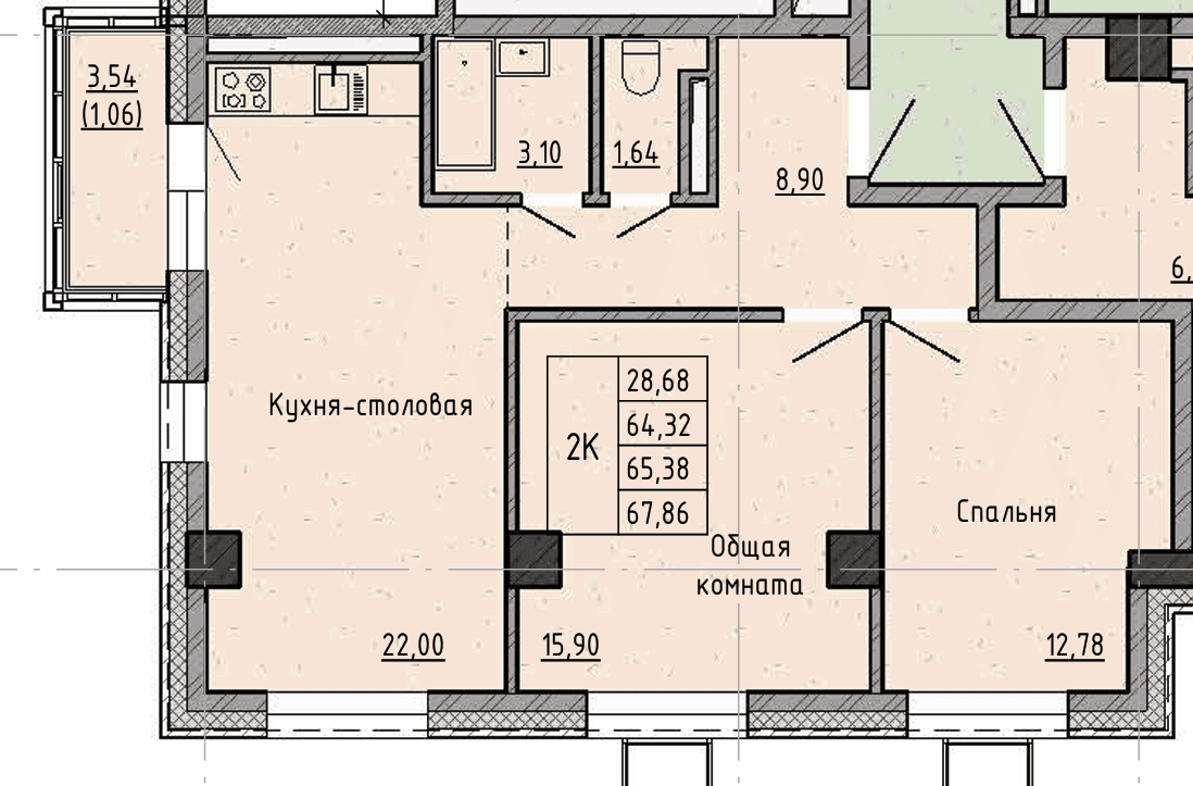 2 комн., 65.4 м²
