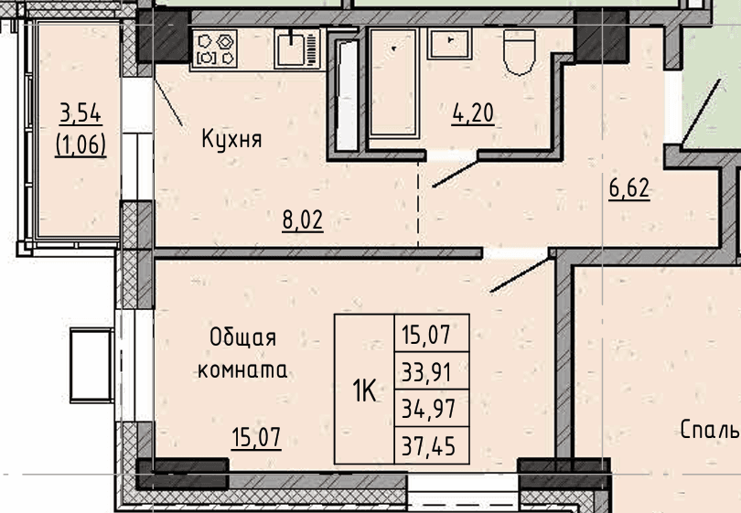 1 комн., 35.0 м²