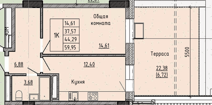 1 комн., 44.3 м²