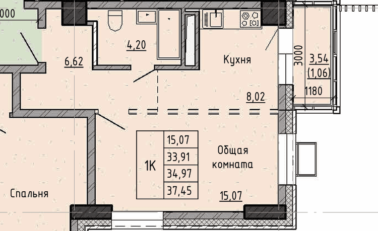 1 комн., 35.0 м²