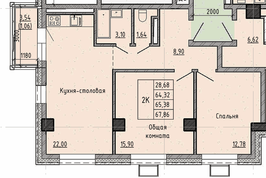 2 комн., 65.4 м²