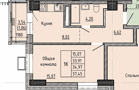 1 комн., 35.0 м²