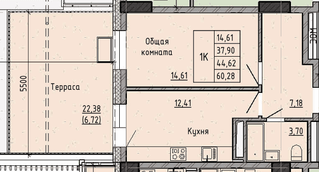1 комн., 44.6 м²