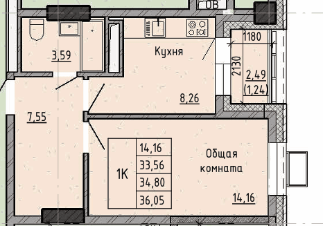 1 комн., 34.8 м²