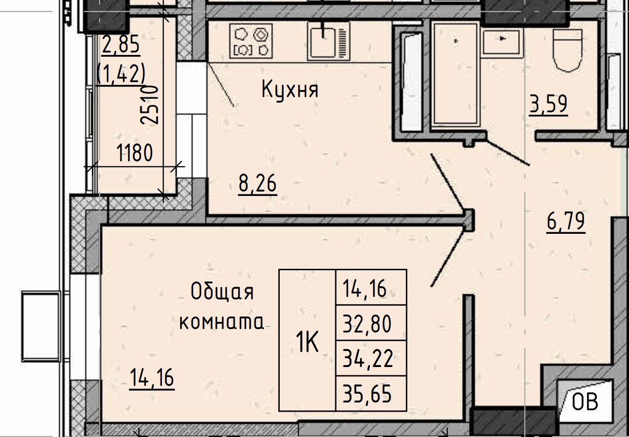 1 комн., 34.2 м²