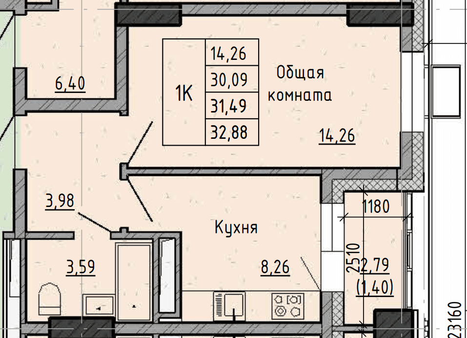 1 комн., 31.5 м²