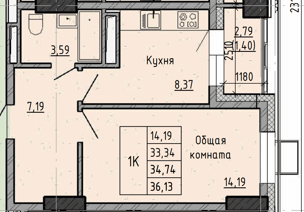 1 комн., 34.7 м²