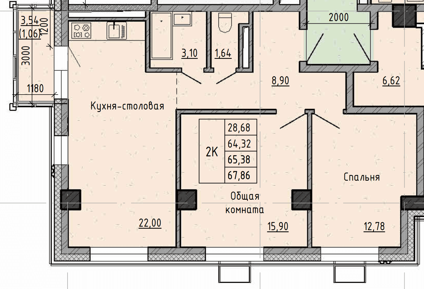 2 комн., 65.4 м²