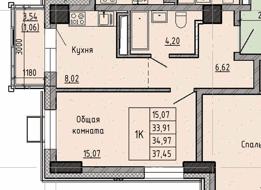 1 комн., 35.0 м²