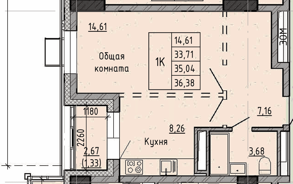 1 комн., 35.0 м²