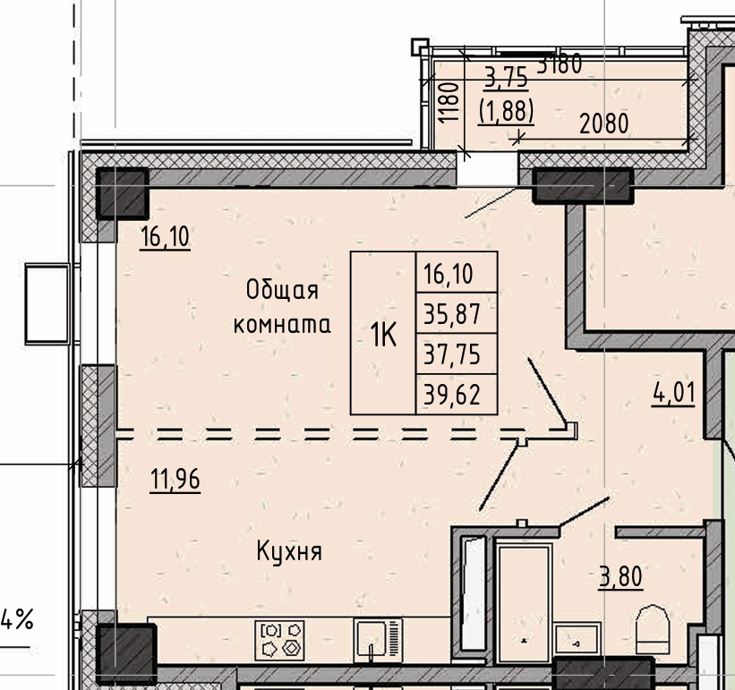 1 комн., 37.8 м²
