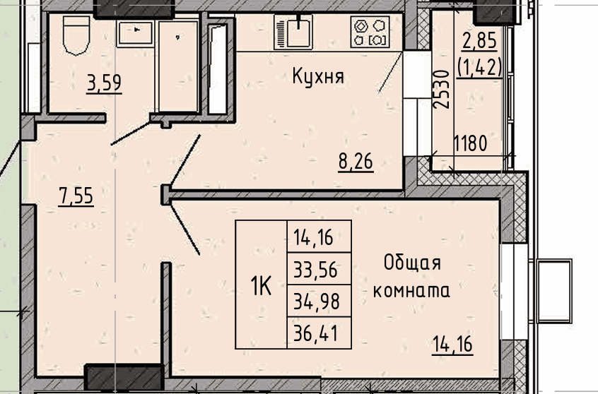 1 комн., 35.0 м²