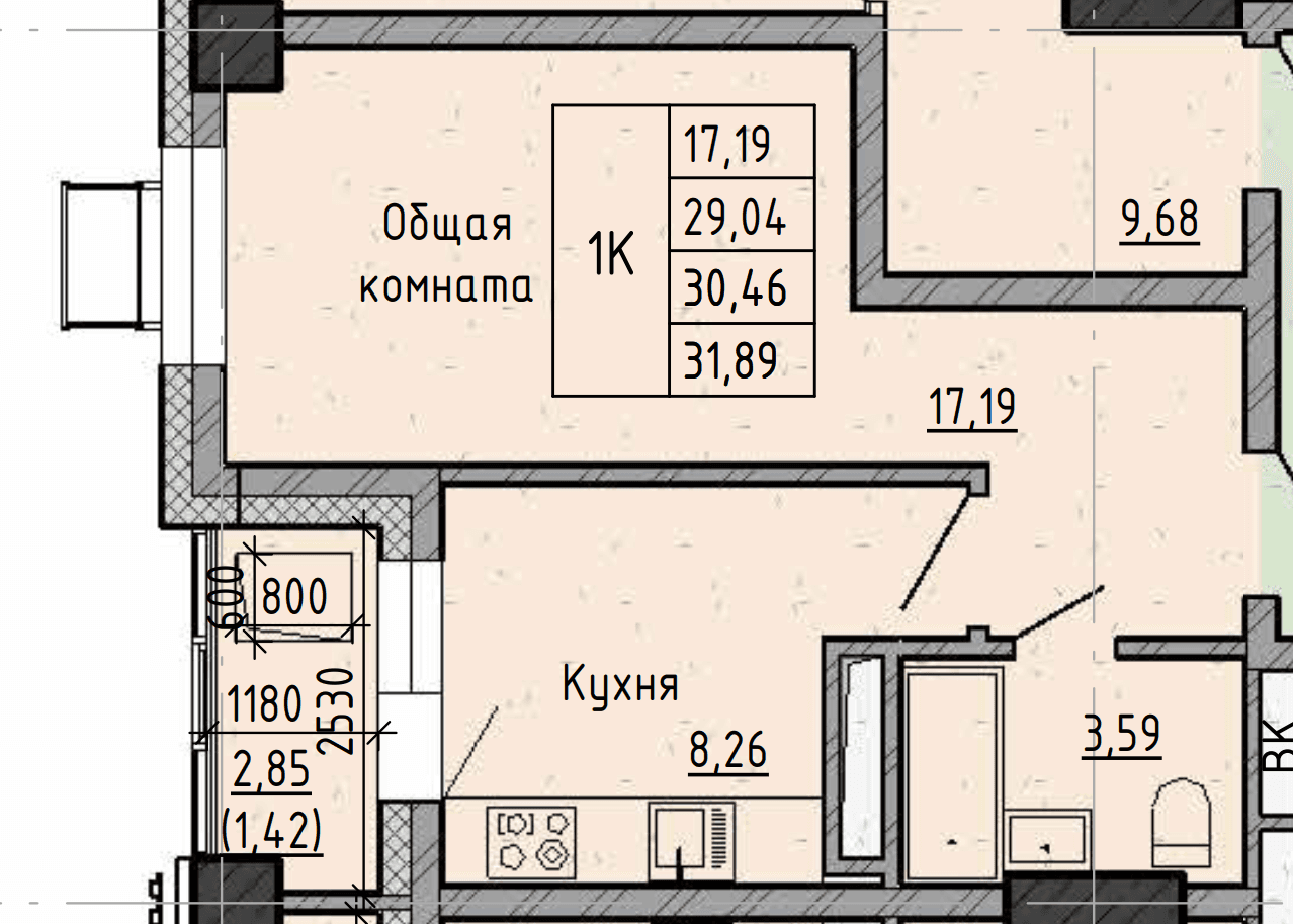 1 комн., 30.5 м²