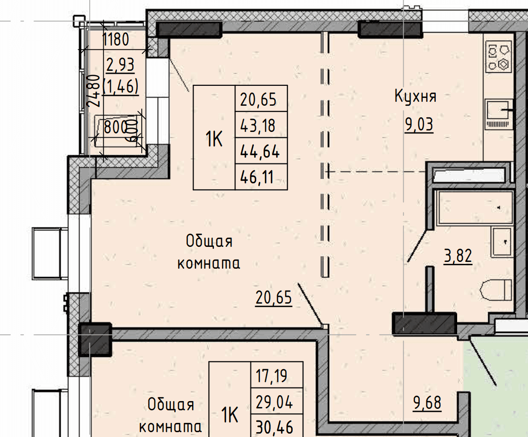 1 комн., 44.6 м²