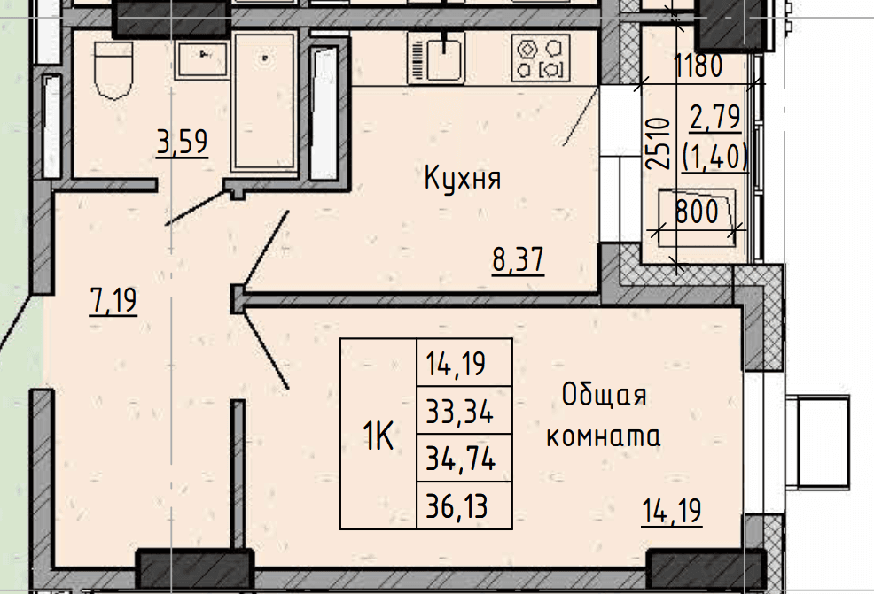 1 комн., 34.7 м²