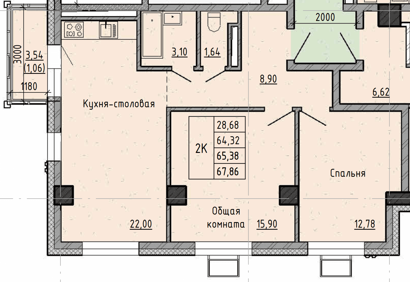2 комн., 65.4 м²