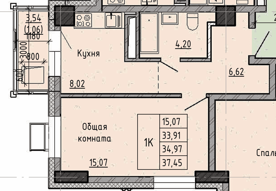 1 комн., 35.0 м²