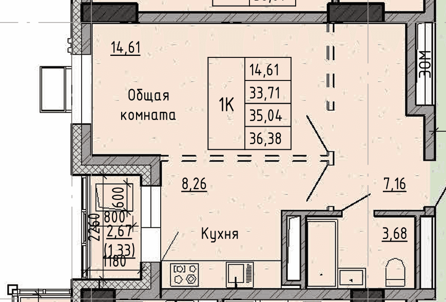 1 комн., 35.0 м²
