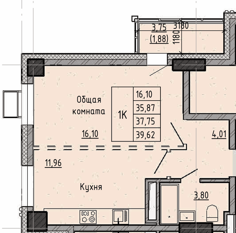 1 комн., 37.8 м²