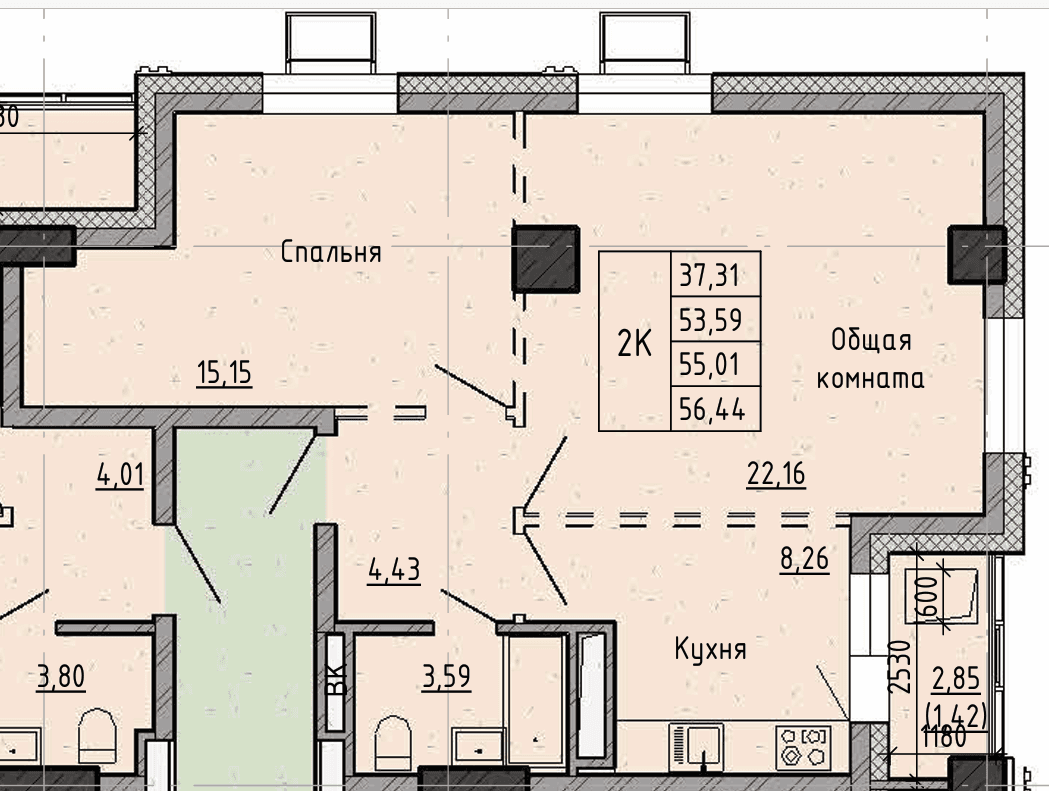 2 комн., 55.0 м²