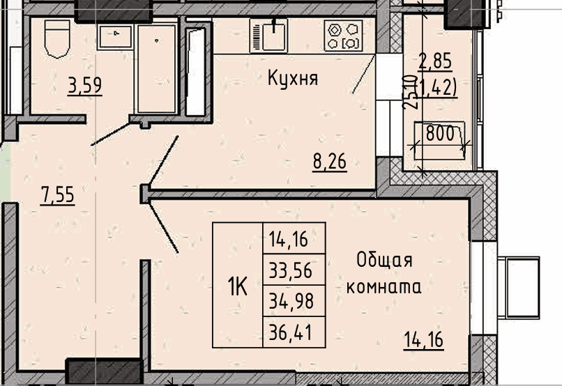 1 комн., 35.0 м²