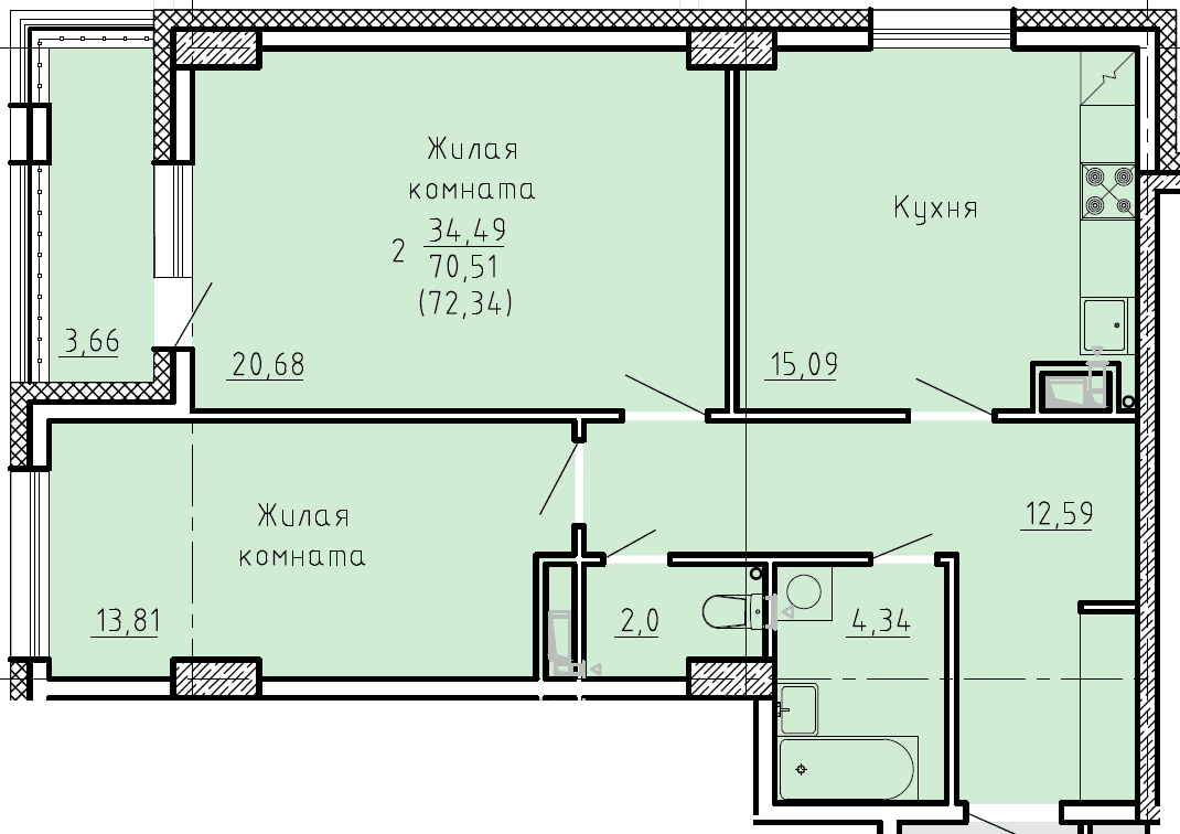 2 комн., 72.3 м²