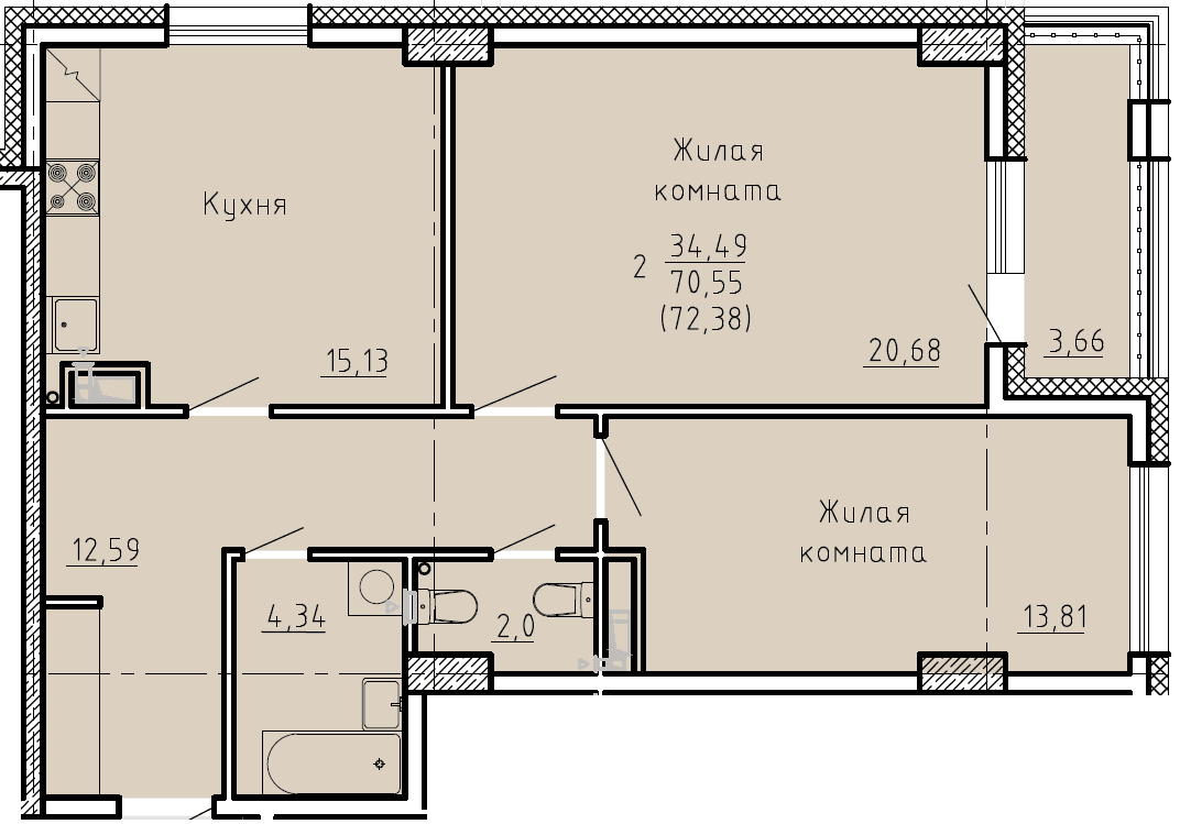 2 комн., 72.4 м²