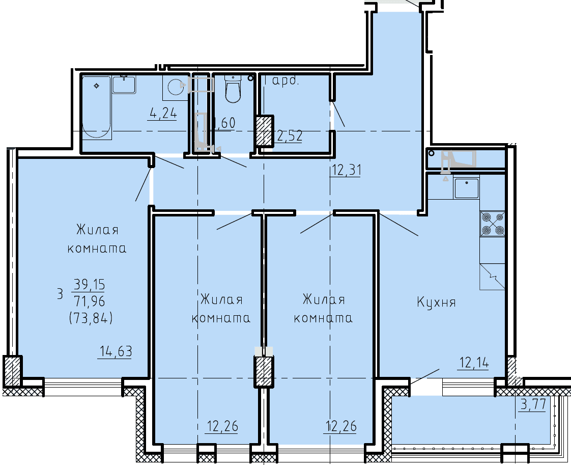 3 комн., 73.8 м²