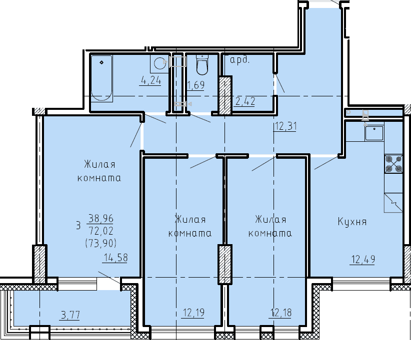 3 комн., 73.9 м²