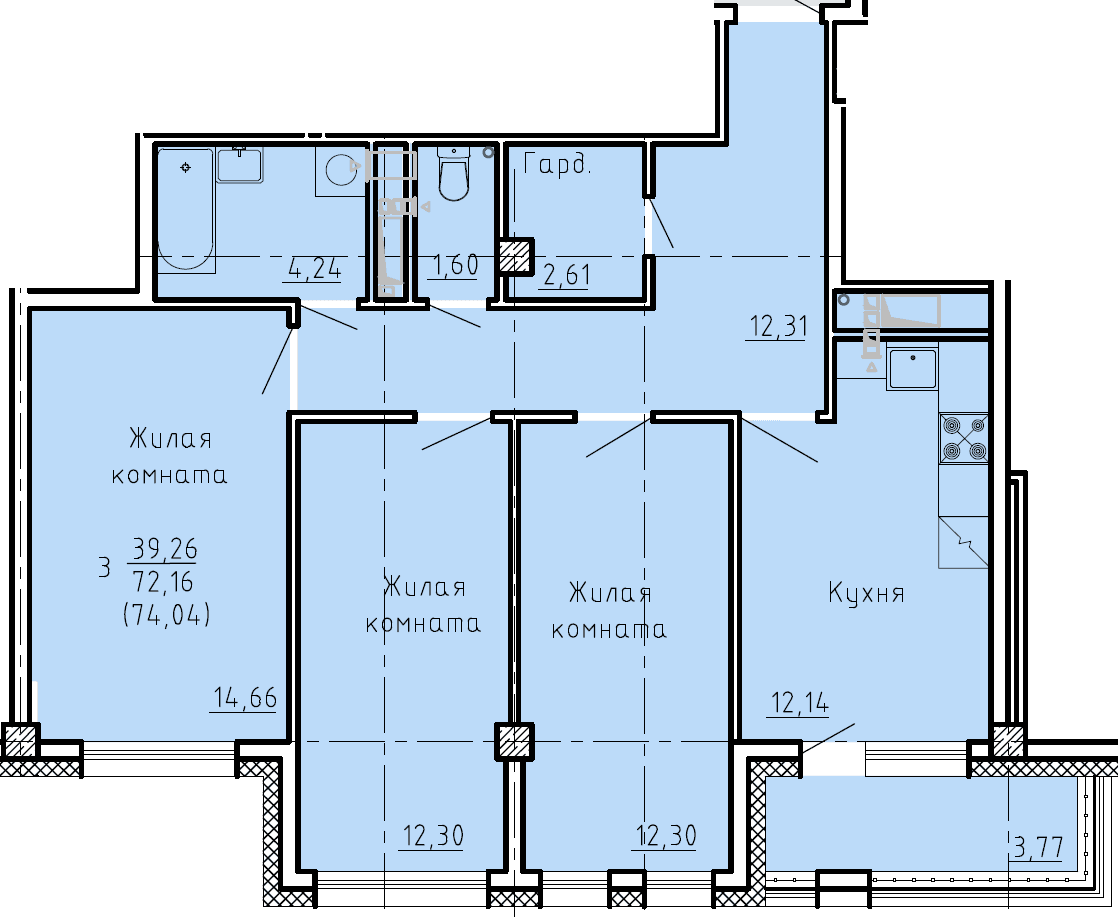 3 комн., 74.0 м²