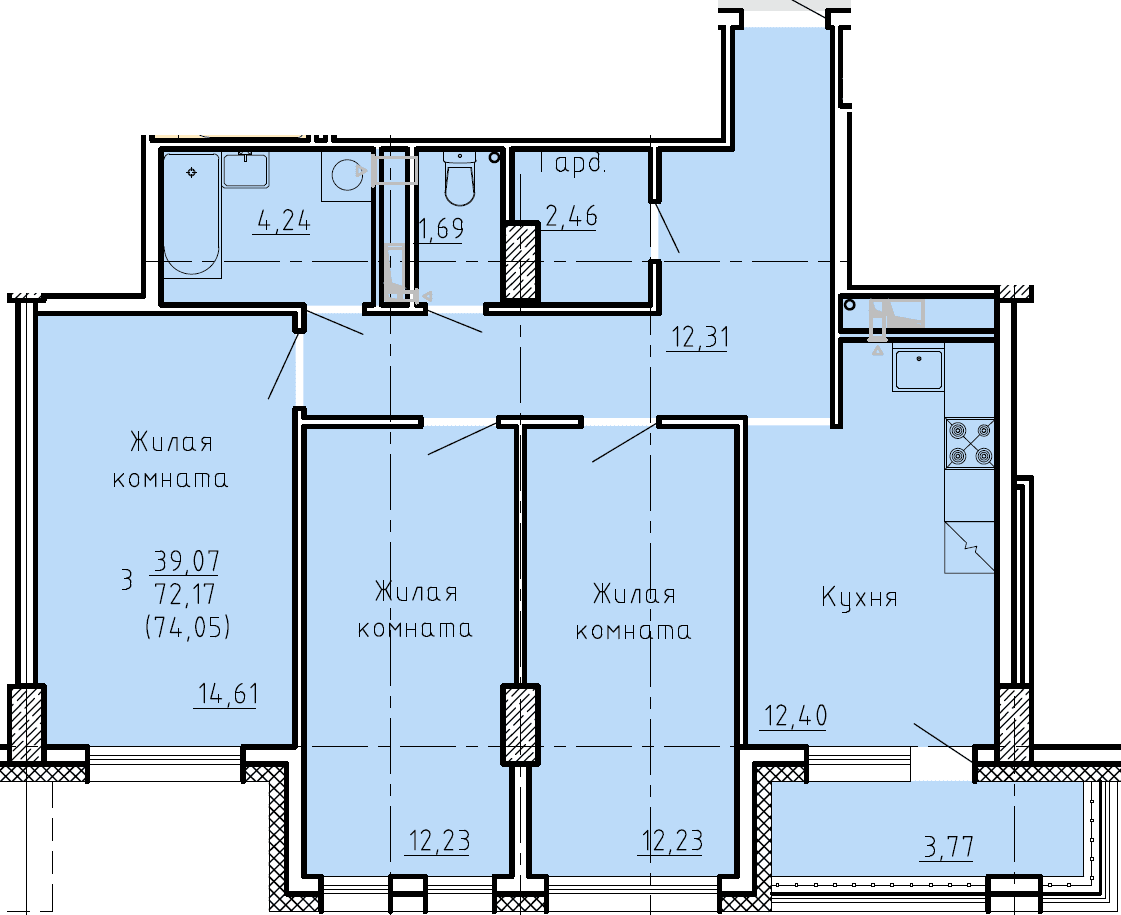 3 комн., 74.1 м²