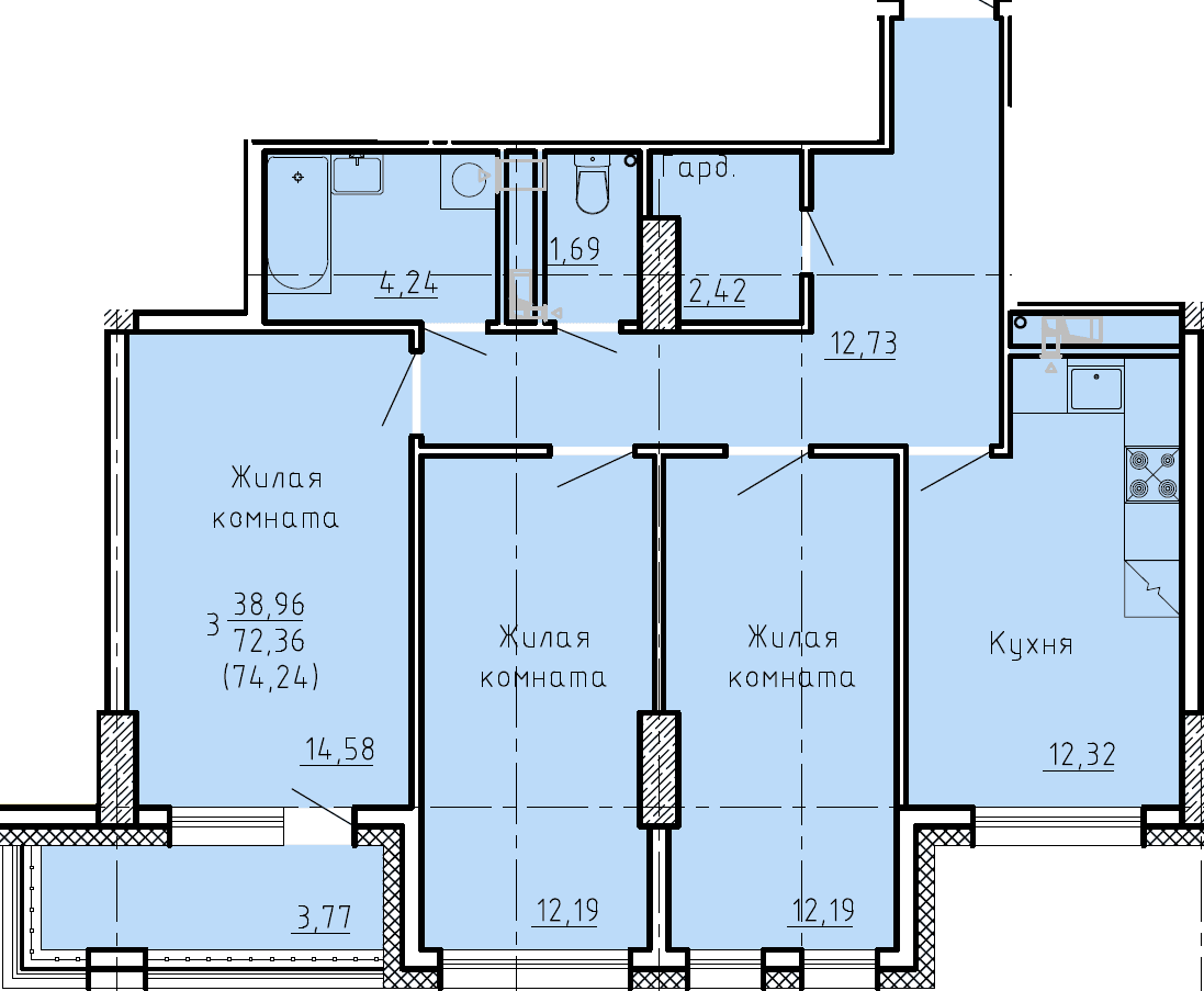 3 комн., 74.3 м²