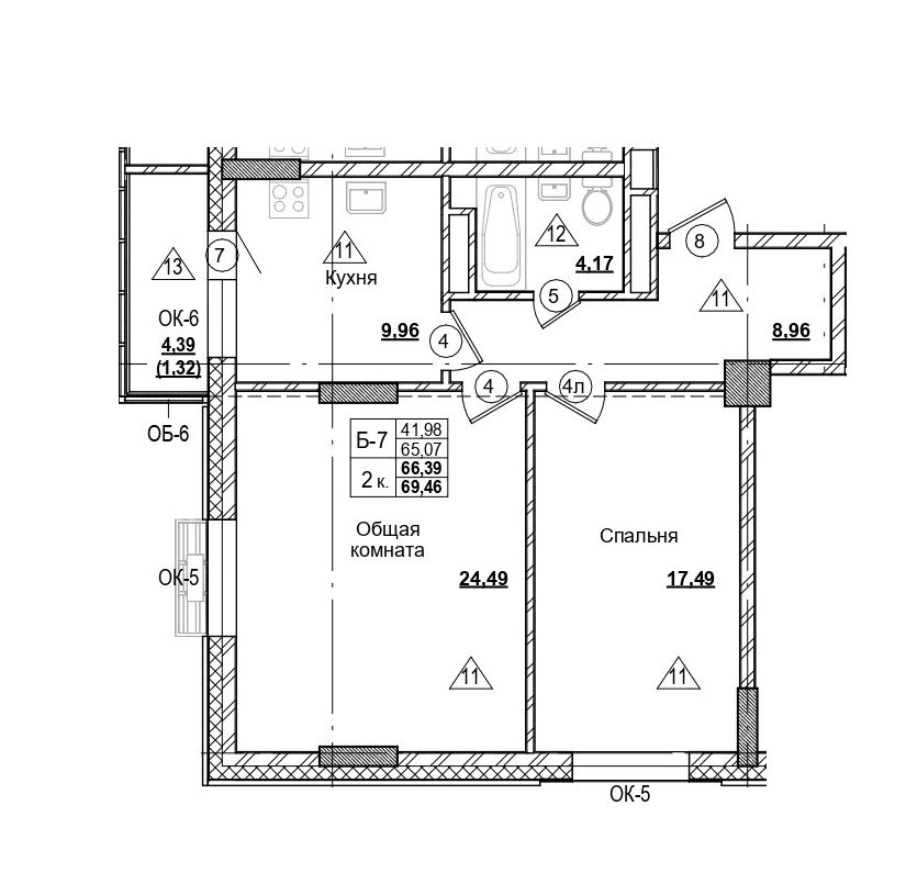 2 комн., 66.4 м²