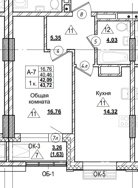 1 комн., 42.1 м²