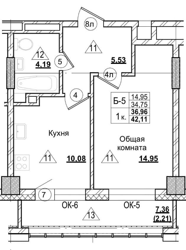 1 комн., 37.0 м²