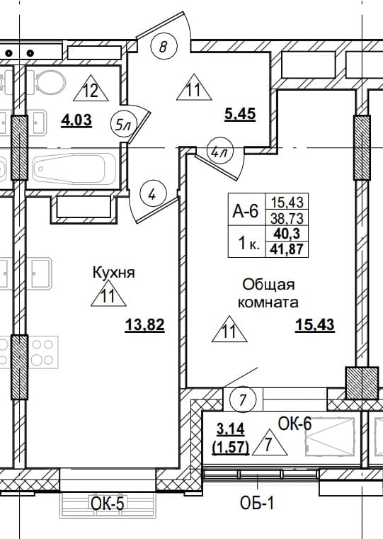 1 комн., 40.3 м²