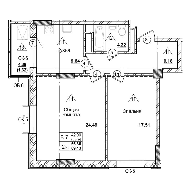 2 комн., 66.4 м²