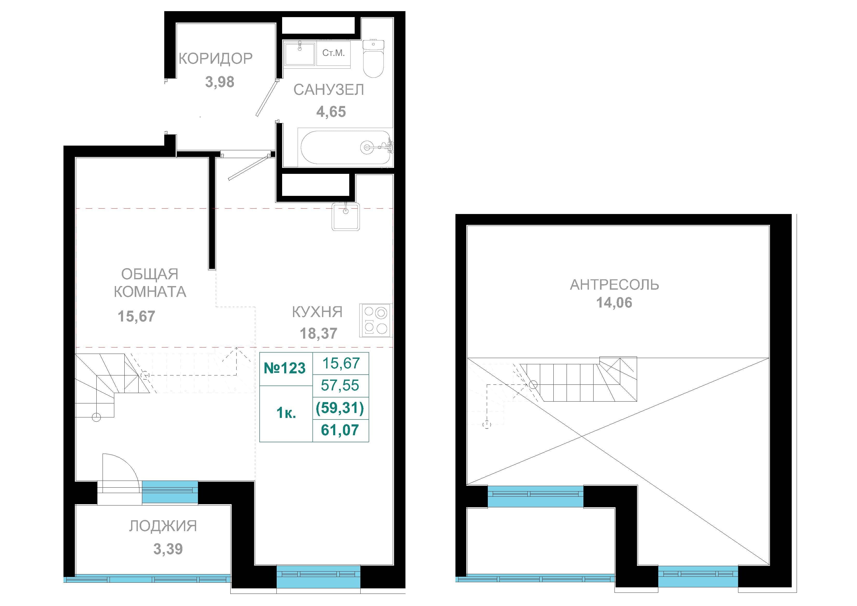 1 комн., 58.4 м²