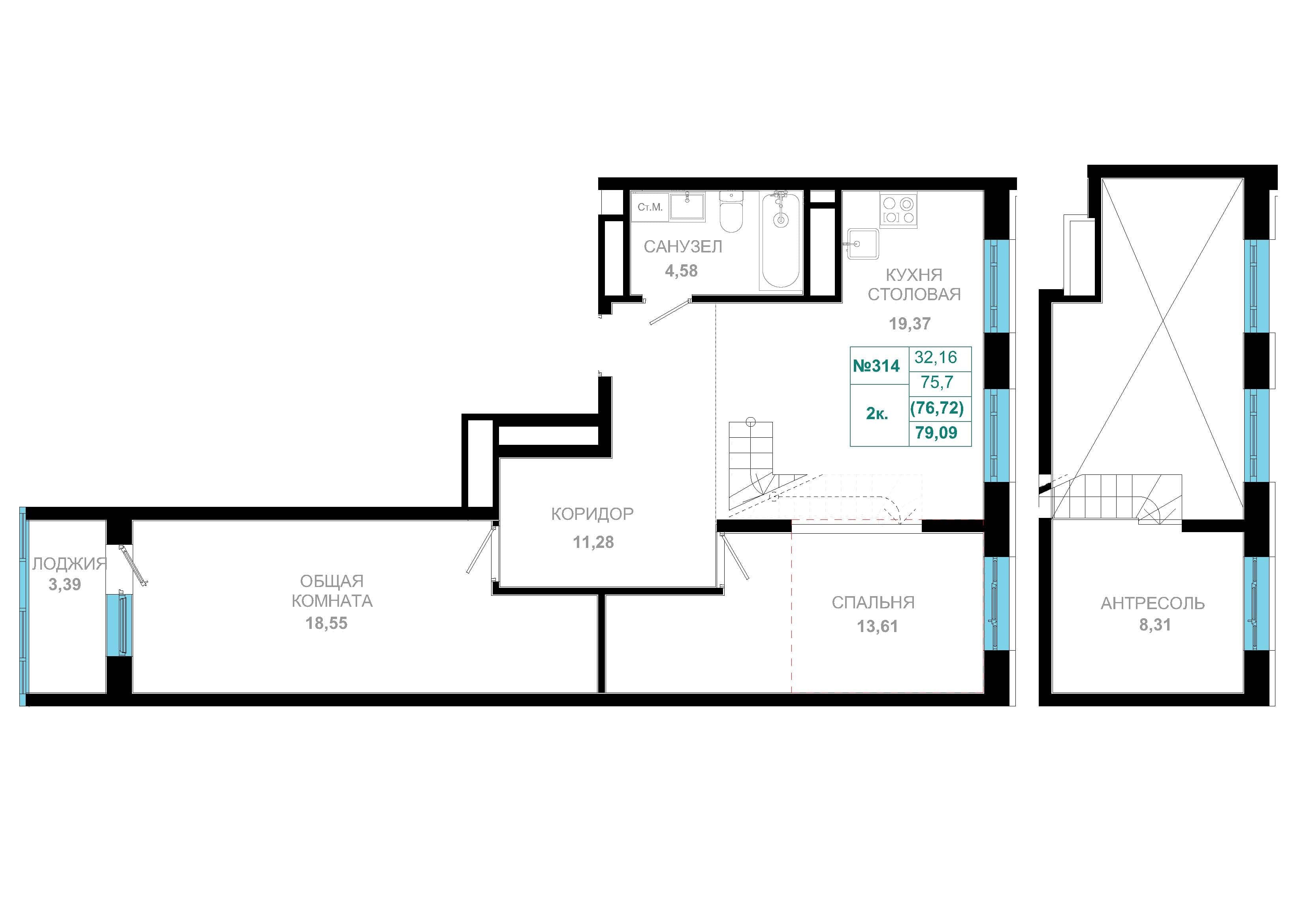 2 комн., 76.7 м²