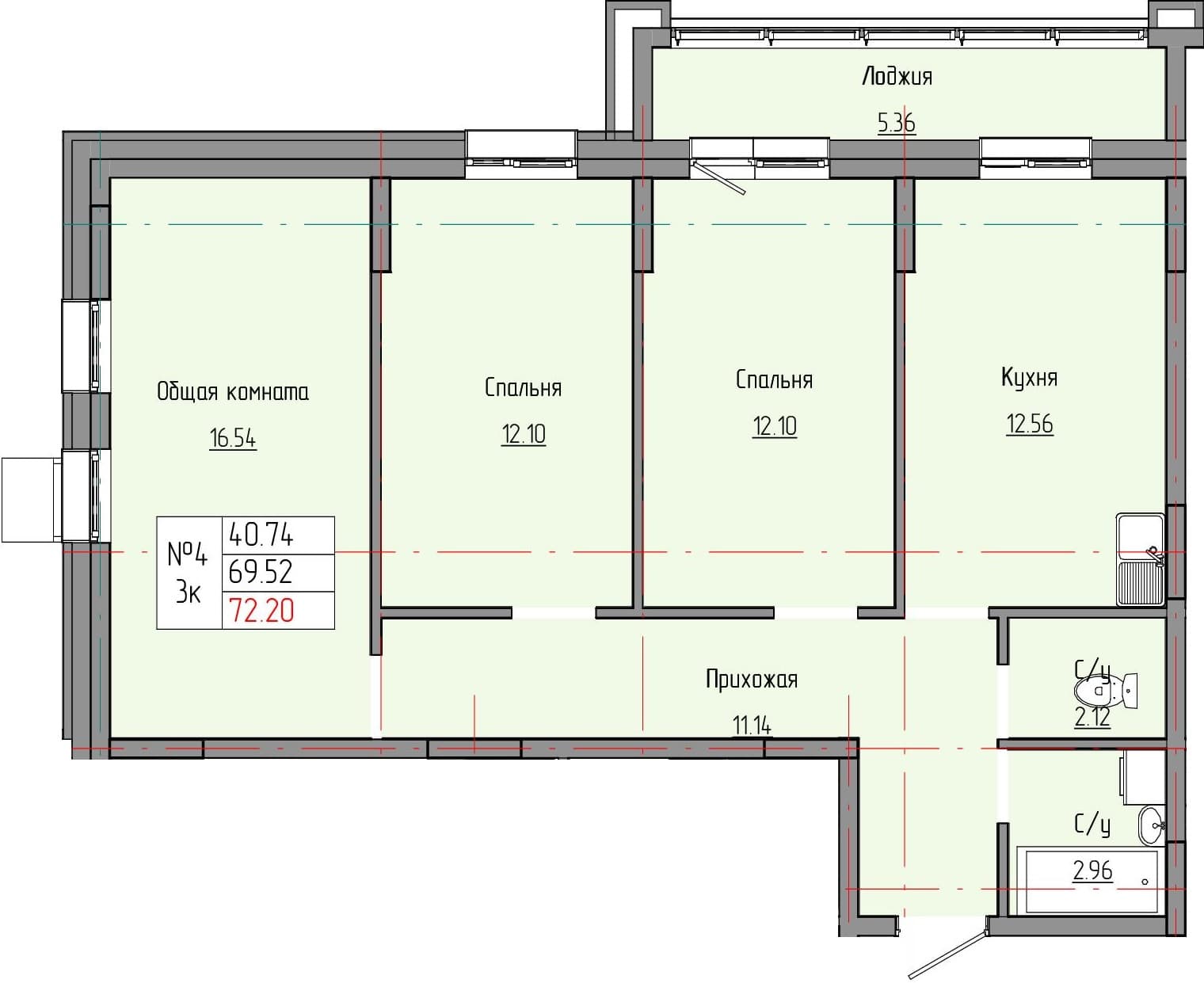 3 комн., 72.2 м²