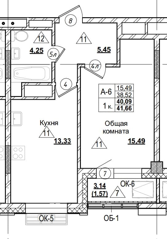 1 комн., 40.1 м²