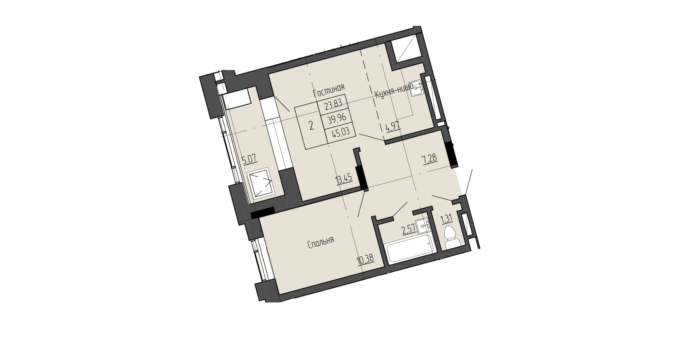 2 комн., 45.1 м²