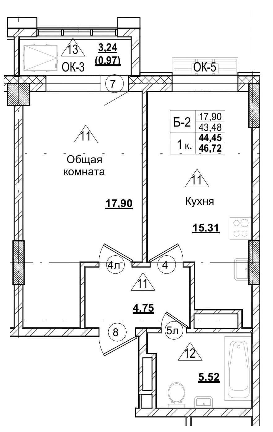 1 комн., 44.5 м²